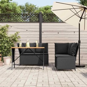 3 pcs conjunto sofás de jardim com almofadões vime PE preto