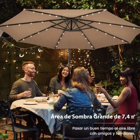 Guarda-sol de 3 m com pega 32 luzes LED solares com base de saco de areia jardim piscina castanho