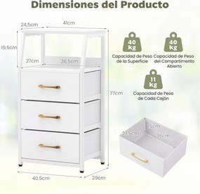 Cómoda de 3 Gavetas, 40,5 x 29 x 77 cm, Estrutura Metálica, Branco