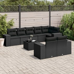 9 pcs conjunto de sofás p/ jardim c/ almofadões vime PE preto