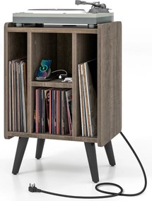 Estante para gira-discos de vinil com 4 prateleiras abertas Tomada eléctrica e porta de carregamento USB Estante de exposição castanha vintage