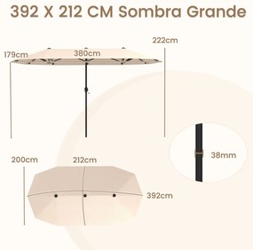 Guarda-sol de 392 cm com dupla face, grande, tamanho duplo, com manivela e 12 varas resistentes para jardim Bege