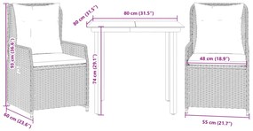 3 pcs conjunto de jantar p/ jardim com almofadões vime PE bege