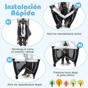 Berço com Centro de atividades 5 em 1 para bebés, parque e mesa para trocar fraldas. Inclui brinquedos suspensos, caixa de música, rodas e cesto. Pret