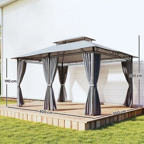 Pérgola para Jardim 3x4 m Pérgola de Exterior com Telhado Duplo 6 Paredes Laterais Estrutura Metálica  Cinzento Escuro