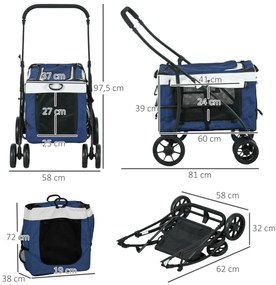 Carrinho para Animais de Estimação Carrinho para Cães Dobrável com Compartimento Desmontável 4 Portas 81x58x97,5 cm Azul