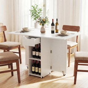 Mesa de jantar extensível 120 x 72 x 75 cm com 2 rodas; mesa de cozinha dobrável com prateleira, gaveta de 2 compartimentos e abas rebatíveis branca