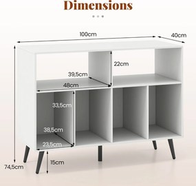 Suporte para gira-discos e discos vinil 100 x 40 x 74,5 cm com estação de carregamento com 5 pés metálicos, portas USB e Type-C Branco