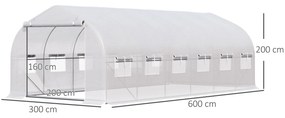 Outsunny Estufa Tipo Túnel 6x3x2m Estufa de Jardim com Porta e 12 Janelas Enroláveis de Polietileno e Aço Galvanizado para Cultivos de Plantas Flores Branco