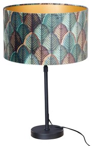 Candeeiro de Mesa Preto com Abajur de Veludo e Design de Folhas e Interior Dourado - Parte