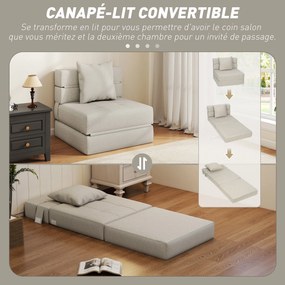 Poltrona-sofá-cama convertível de 1 lugar com 1 almofada com capa removível, tecido bege