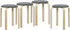 Conjunto de 4 Bancos Empilháveis Redondos (MESA NÃO INCLUIDA) Bancos Baixos de Cozinha com Assento Acolchoado Ø40x45 cm Cinzento e Madeira