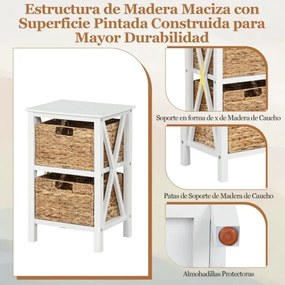 Mesa de cabeceira de 3 níveis com 2 cestos de ervas marinhas X Design Pernas de madeira de acácia para sala de estar Branco