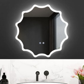 Espelho de casa de banho LED 60 x 60 cm Espelho de casa de banho sensível ao toque com botão de toque 60 x 60 cm com rebordo ondulado 3 luzes colorida