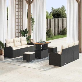vidaXL Conjunto de Sofá de Jardim com almofada 9 pcs Preto e Creme