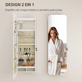 Espelho para Joias com Luz LED Montado na Parede ou na Porta com Fechadura Espelho de Corpo Inteiro 2 Gavetas Branco