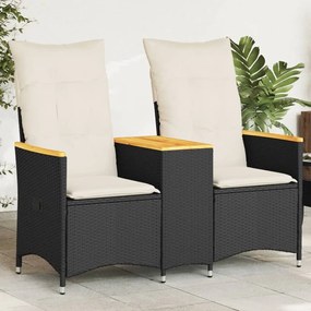 vidaXL Sofá de jardim reclinável 2 lugares com mesa vime PE preto