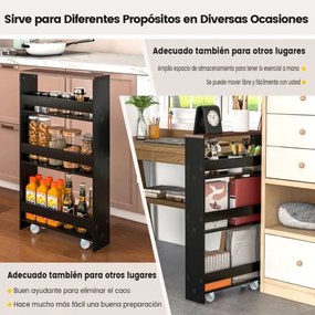 Carrinho de cozinha de arrumação estreito com 4 Estantes Rodas Organizador Móvel Economizador de Espaço para a Casa de Banho 48 x 13 x 81 cm Preto e C