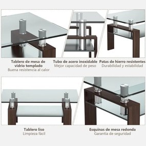 Mesa de centro retangular 99,5 x 59,5 x 44,5 cm com tampo de vidro, pernas metálicas e prateleira Castanho