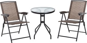 Conjunto de jardim de 3 peças: 2 cadeiras reclináveis com várias posições e dobráveis + mesa redonda em vidro temperado Castanho