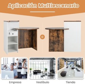 Balcão de recepção ovalada 120 x 70 x 100 cm, gaveta com fechadura e prateleira ajustável para escritório ou comércio, castanho rústico e branco