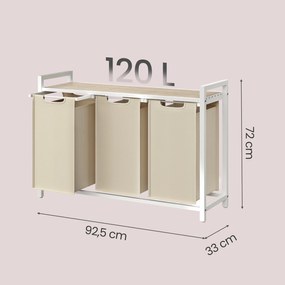 Cesto da roupa suja com 3 compartimentos, cesto com prateleira, 92,5 x 33 x 72 cm Bege