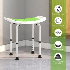 Assento de duche ajustável em altura; banco de duche ergonómico; pés antiderrapantes; carga máxima de 135 kg; alumínio e HDPE; verde