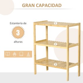 Estante de Bambú de 3 Níveis Móvel Organizador Multifuncional para Casa de Banho Cozinha Sala de Estar 62x33x80cm Natural