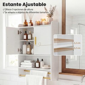 Armário para casa de banho parede, 55 x 20 x 80 cm, com portas, prateleira ajustável e barra para pendurar Branco