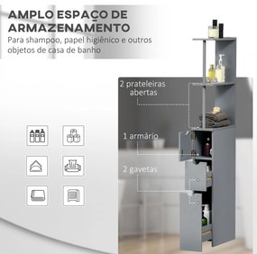 Coluna Casa de Banho Armário Compacto Casa de Banho Móvel Auxiliar com 2 Prateleiras 2 Gavetas 15x33x136,5 cm Cinza