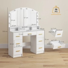 Toucador maquilhagem com 10 Luzes LED de 3 Cores  110x40x150 cm com Espelho 7 Gavetas 3 Compartimentos Moderno Branco