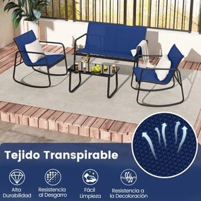 Móveis de jardim exterior 4 peças 2 cadeiras de baloiço e sofá de 2 lugares com mesa com tampo de vidro azul marinho