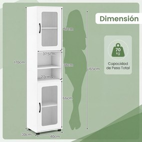 Armário alto e estreito de casa de banho 40 x 30 x 170 cm com 2 portas semitransparentes, 2 compartimentos e prateleira ajustável para cozinha e sala,