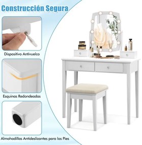 Conjunto de Toucador com Espelho Iluminado e Banco Acolchoado com Luzes LED Reguláveis 4 Gavetas Branco