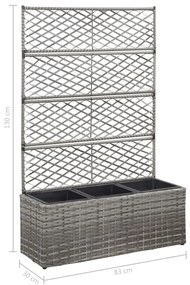 Floreira com treliça e 3 vasos 83x30x130 cm vime PE cinzento