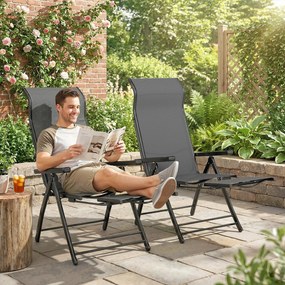 Conjunto de 2 Cadeiras Dobráveis Reclináveis de Jardim Exterior com Encosto Alto Ajustável em 5 Posições Apoio para Pés Cinza Escuro