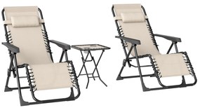 Outsunny Conjunto de 2 Espreguiçadeiras Jardim Dobráveis com Mesa Auxiliar Porta-Copos e Encosto Ajustável 90x65x110 cm Bege