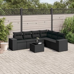 7 pcs conjunto de sofás p/ jardim c/ almofadões vime PE preto