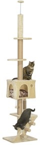 PawHut Arranhador Gatos Chão Teto 225-265 cm Altura Ajustável Múltiplas Plataformas Escada Bola Suspensa Design Elegante Bege | Aosom Portugal