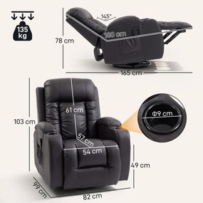 Cadeira reclinável com massagem e aquecimento, cadeira de relaxamento, encosto ajustável, giratória a 360°, 82 x 99 x 103 cm, castanho