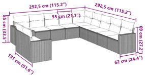 11 pcs conjunto sofás de jardim c/ almofadões vime PE castanho