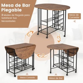 Conjunto de mesa e cadeiras dobráveis ​​de 3 peças, mesa dobrável versátil com 2 prateleiras, 2 bancos para cozinha, sala de jantar, bar, Castanho cla