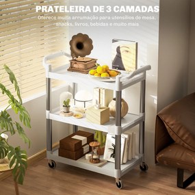 Carrinho Auxiliar com Rodas e 3 Prateleiras Carrinho de Cozinha com Armazenamento Carga 105 kg 88x44x93 cm Branco