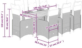 9 pcs conjunto de bistrô p/ jardim c/ almofadões vime PE preto