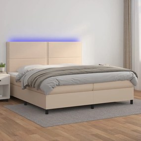 Cama box spring c/colchão/LED 200x200cm couro artif. cappuccino