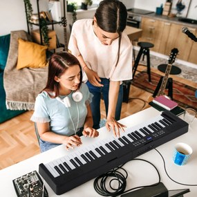 Teclado musical dobrável de 61 teclas, piano eletrónico com fones de ouvido e pedal portátil com bolsa para iniciantes Preto