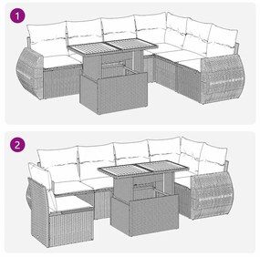 7 pcs conjunto sofás p/ jardim c/ almofadões vime PE cinzento