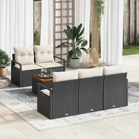 Conjunto de Sofá de Jardim com 6 Peças e Almofadas Preto Rattan Poliéster Acácia