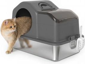 Caixa de Areia para Gatos Fechada XL em Aço Inox com Tampa, Pá, Tapete Recolhedor de Areia, Cinzento Scuro