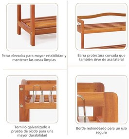 Sapateira de 2 níveis para sapatos 74 x 26 x 42 cm em madeira de acácia com 4 ganchos metálicos laterais Castanho